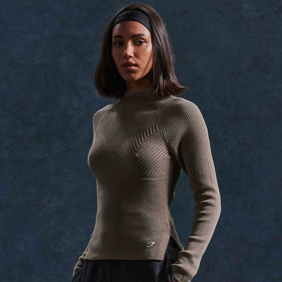 Gymshark PAUSE KNITWEAR LONG SLEEVE TOP Grey Brown Green GS Medium - Picture 13 of 13